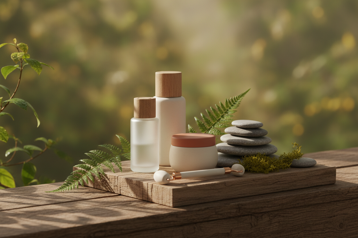 Minimalist product lifestyle photograph inspired by nature, soft morning light filtering through forest leaves, earthy tones, warm beige and green color palette, natural textures like stone and wood, fresh botanical elements, calm and balanced atmosphere, premium wellness aesthetic, no people, no text, ultra-clean composition, shallow depth of field, high-end skincare brand photography, 4K, realistic, cinematic lighting