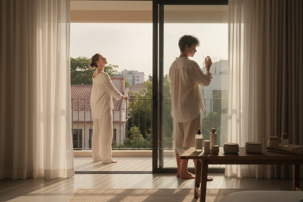 Modern lifestyle scene showing subtle human presence without faces, sunlit urban Indian environment, warm golden light, summer heat vibe, clean minimal styling, unisex grooming aesthetic, soft sweat glow on skin (very subtle), real-life everyday setting, premium natural personal care branding, neutral colors, cinematic realism, no text, no logos, high-resolution