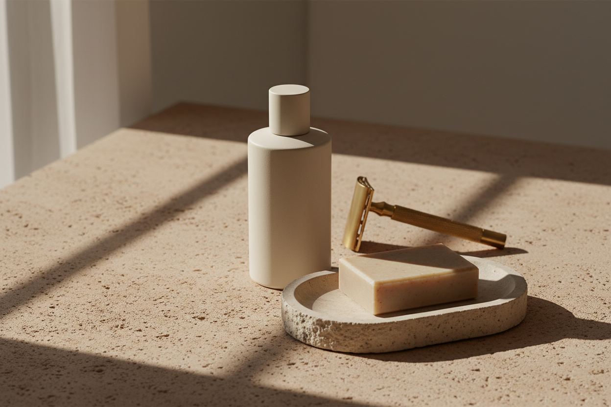 Ultra-minimal product still life on a neutral stone or sand background, soft shadows, clean lines, no clutter, zen-inspired composition, warm neutral tones, luxury minimalist grooming aesthetic, Scandinavian-style simplicity, natural light, high-end DTC brand photography, realistic texture detail, no text, no props, 4K resolution